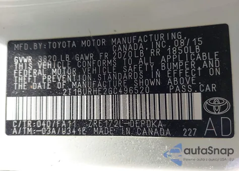 2016 Toyota Corolla L from USA, damaged, VIN 2T1BURHE2GC496520